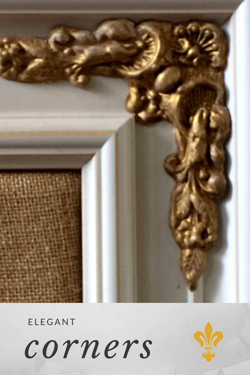 Gilded C20 Large French Corner Efex flexible moulding on the corner of a white frame around a burlap panel