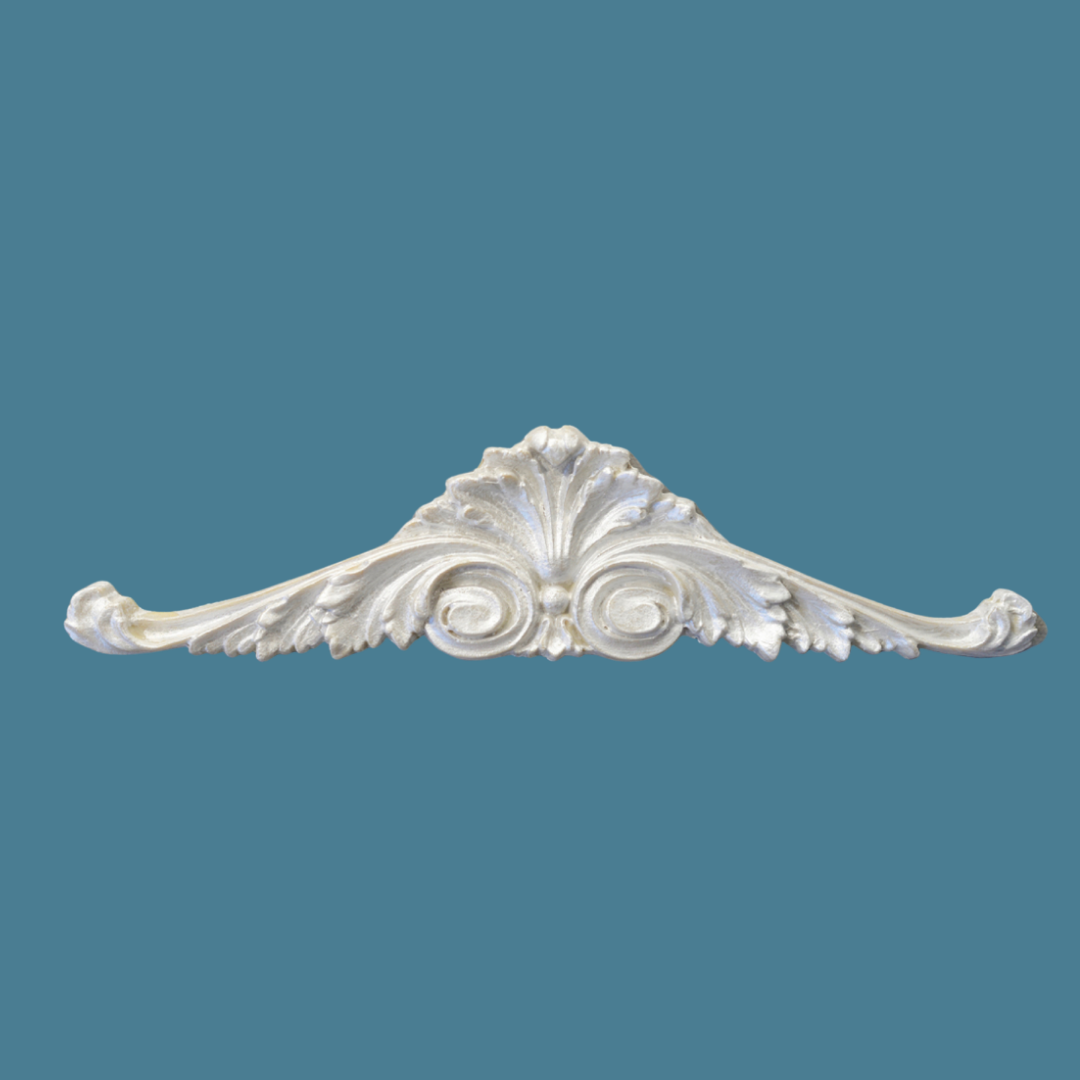 P7 Shell and Scroll Pediment, an Efex flexible moulding crest with a central acanthus shell over twin volutes and long leafy scroll arms