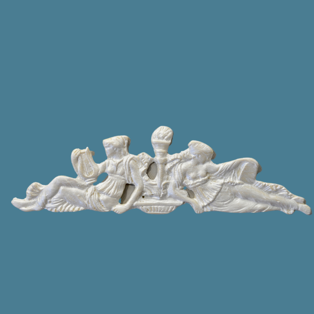P9 Tuscan Beauty pediment, an Efex flexible moulding of two reclining classical muses in flowing robes on either side of a flaming torch