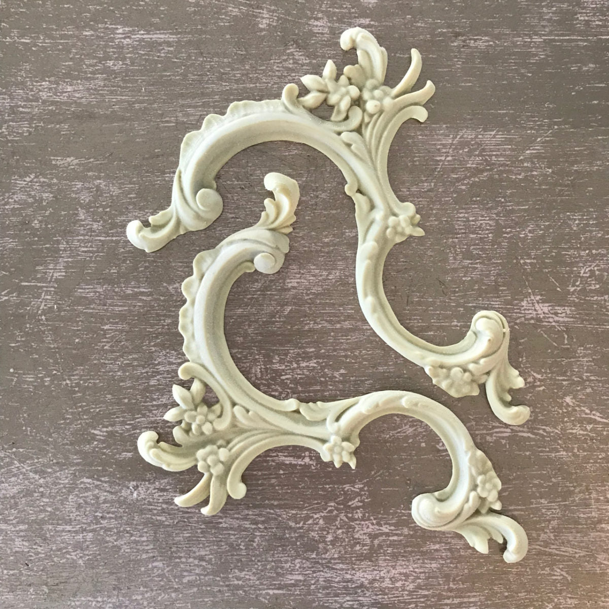 SC48 Large Ornate Rococo Style Scrolls, a pair of curving Efex flexible moulding C-scrolls decorated with flowers and leafy flourishes