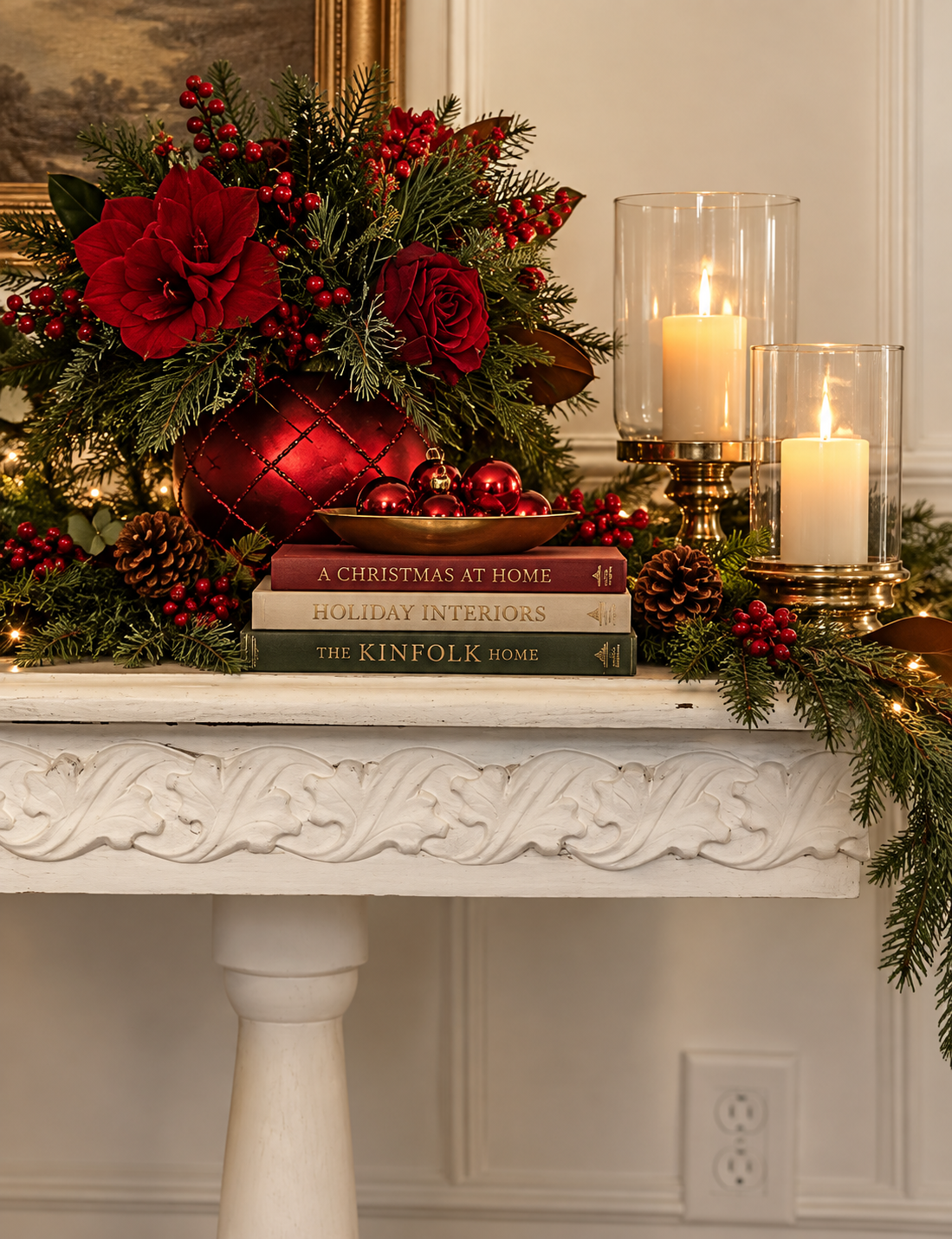 White console table with a carved Efex flexible moulding scroll panel on the apron, decorated for Christmas with red roses, pine garland, pillar candles and holiday books