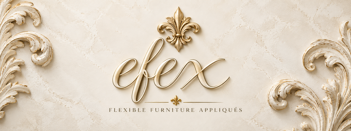 Efex logo in gold script with a fleur-de-lis and the tagline Flexible Furniture Appliques, framed by carved acanthus scroll mouldings on cream marble
