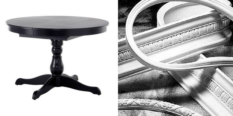 Plain black round pedestal table beside a close-up of curved Efex flexible mouldings that can be bent to fit around a round tabletop