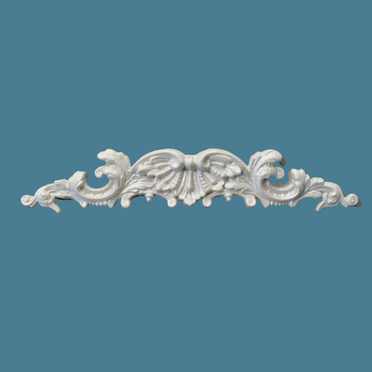 P16 French Style Pediment, a long low Efex flexible moulding crest with a central shell and flowers flanked by curling acanthus scrolls