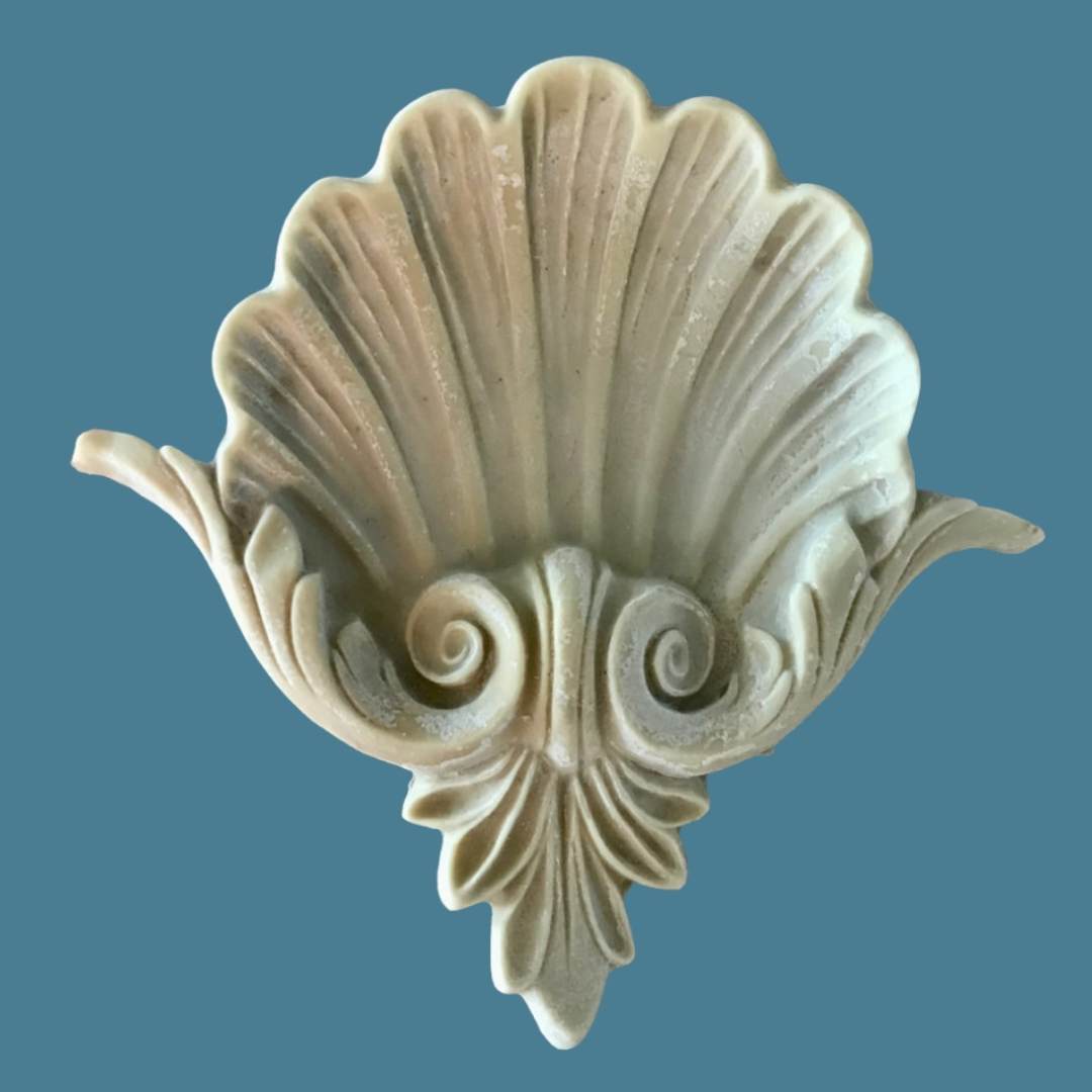 R93 Gothic Furniture Rosette, an Efex flexible moulding scallop shell above twin scrolls and an acanthus leaf drop