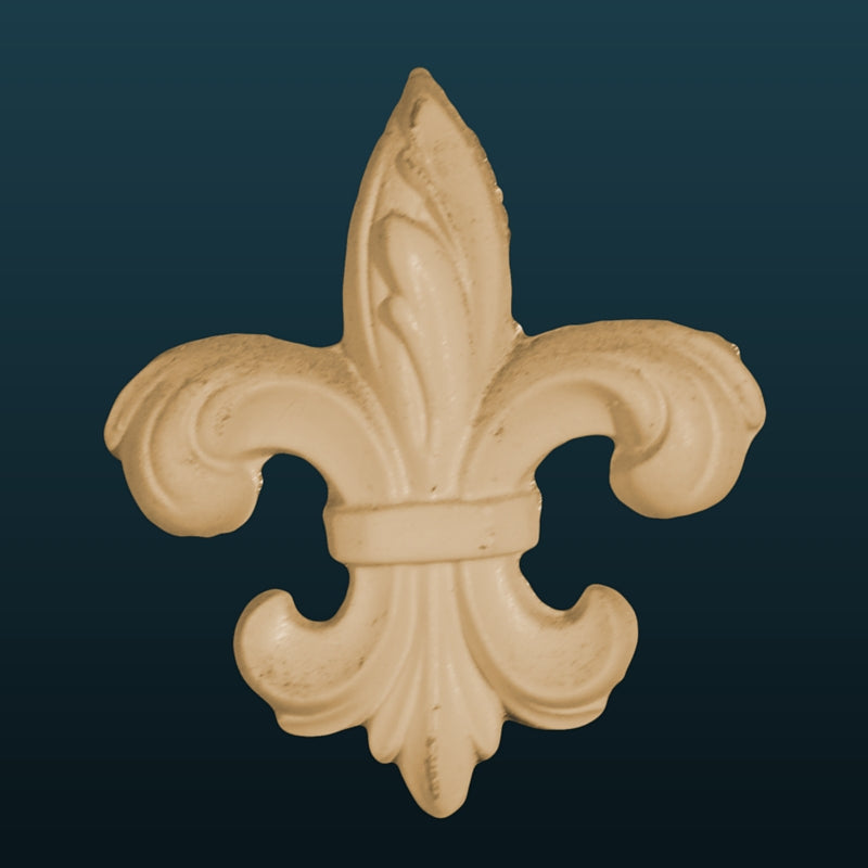 FDL4 French Fleur de Lis Efex flexible moulding applique, a classic carved fleur-de-lis with banded centre, front view