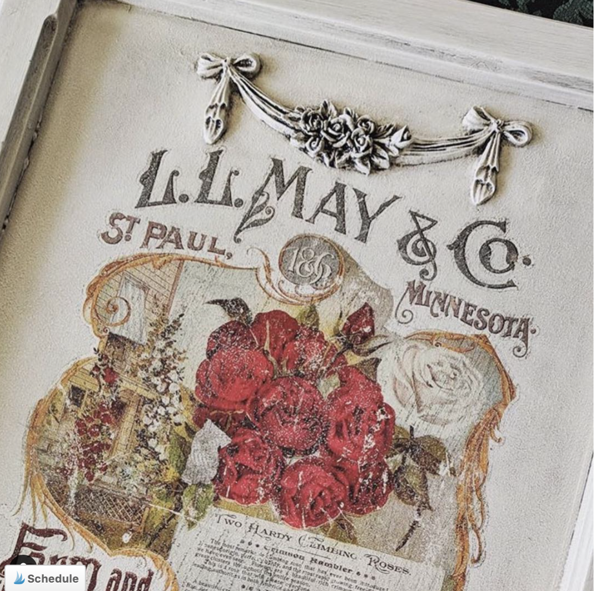 SW9 Rose Swag Efex flexible moulding with ribbon bows and a cluster of roses, applied above a vintage rose seed catalogue print on a painted cabinet door